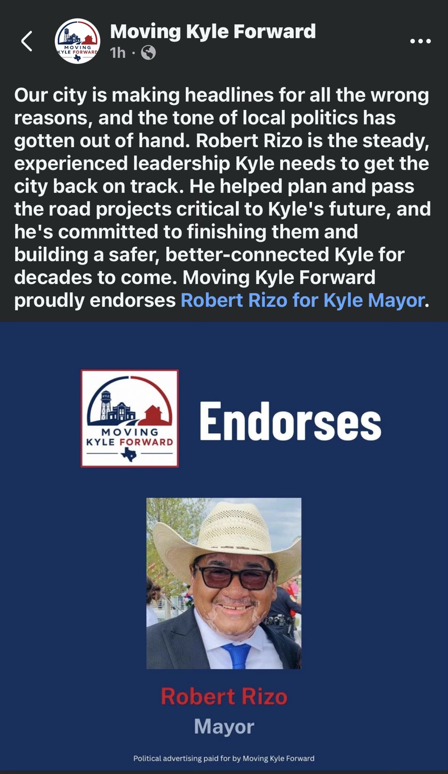 Moving Kyle Forward endorsement of Robert Rizo for Kyle Mayor